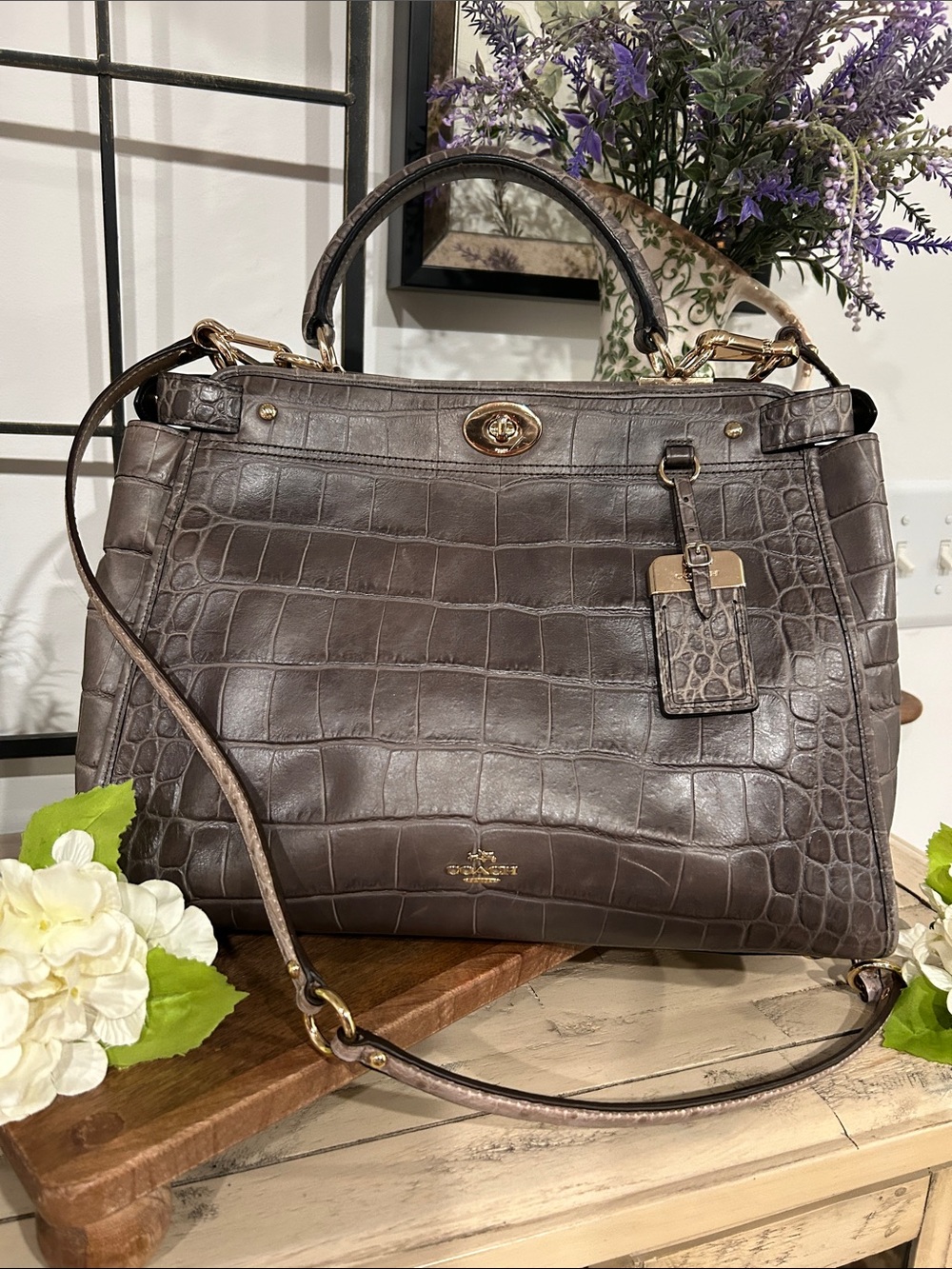 Coach Brown Croc-Embossed Leather Satchel with Gold Hardware